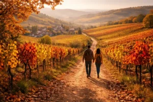 Balades d’automne dans les vignes du Beaujolais - paysage coloré en or et pourpre