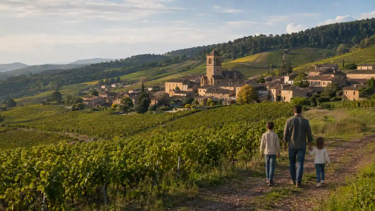 Une famille se promenant au milieu des vignes du Beaujolais